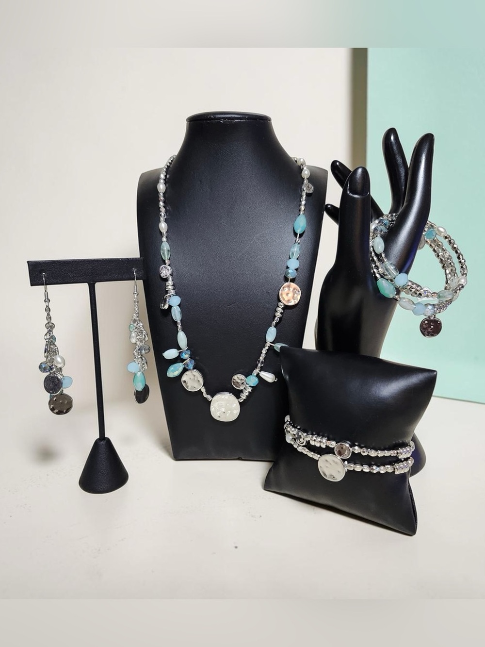 Handcrafted Aqua Bead Necklace and Bracelet Set - Women's Jewelry